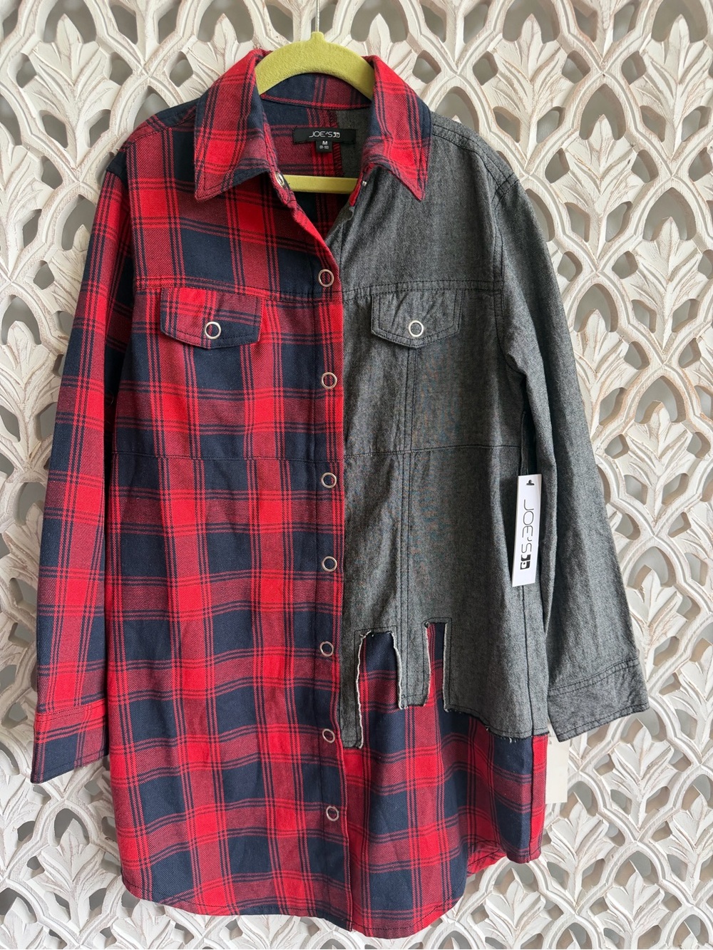 NWT Joe's Jeans Girls Split Hybrid Flannel Denim Shirt Jacket Red Black Grey M